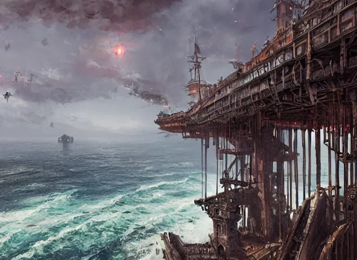 Image similar to A beautiful medieval metropolis built on a cliff overlooking the ocean, a large black pirate ship waiting in the pier. Fantasy digital painting by Greg Rutkowski