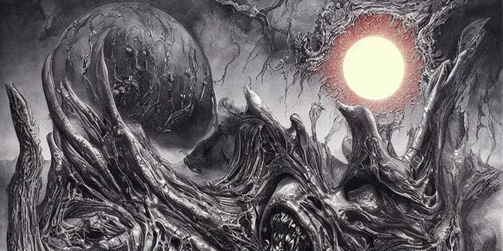 Image similar to the eclipse from berserk, creepy, melting, since, horror, art by wayne barlowe, giger, artgerm