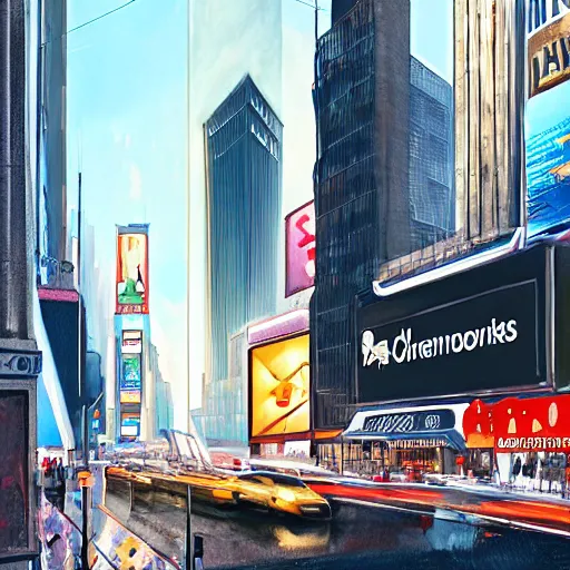 Image similar to modern downtown city, Parisian buildings, billboards, advertisements, Times Square, small buildings, dark, matte painting, concept art, digital painting, style of Ian Hubert, warm lighting, futuristic, volumetric lighting, street view, daytime, godrays , high detail