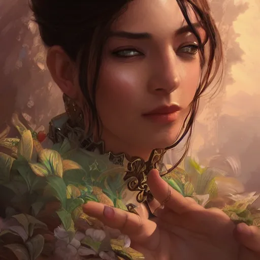 Image similar to Hanif Bali, closeup, D&D, fantasy, intricate, elegant, highly detailed, digital painting, artstation, concept art, matte, sharp focus, illustration, hearthstone, art by Artgerm and Greg Rutkowski and Alphonse Mucha