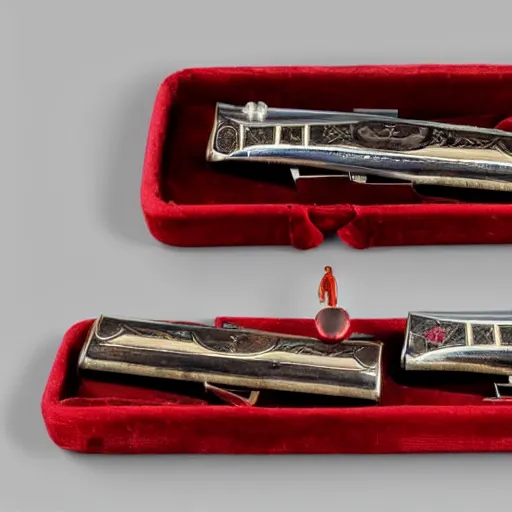 Image similar to an elegant set of victorian dueling pistols decorated with an apple theme, in a velvet lined case