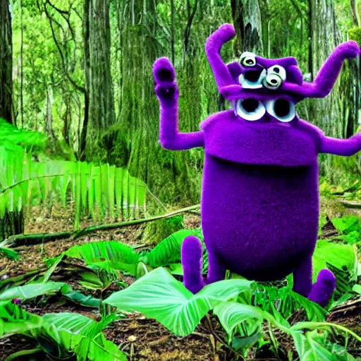 Prompt: a photo of a violet monster with many arms and eyes wearing a top hat smiling in an australian forest