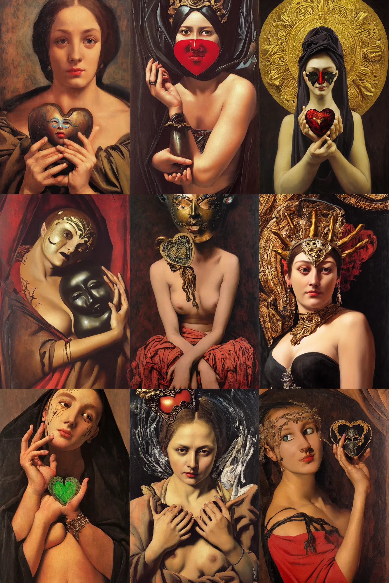 Prompt: Realistic painting of beautiful woman in antique mask who holds a black heart in her hands, black cloth, baroque folds on background, the long shot, dramatic lighting, high-detailed oil painting by Ilya Repin, William Blake, Michelangelo da Caravaggio and Beksinski, masterpiece, 4k