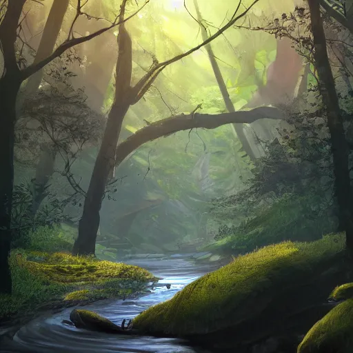 Image similar to a winding river through a dense forest, sunlight filtering through the leaves, trending on artstation