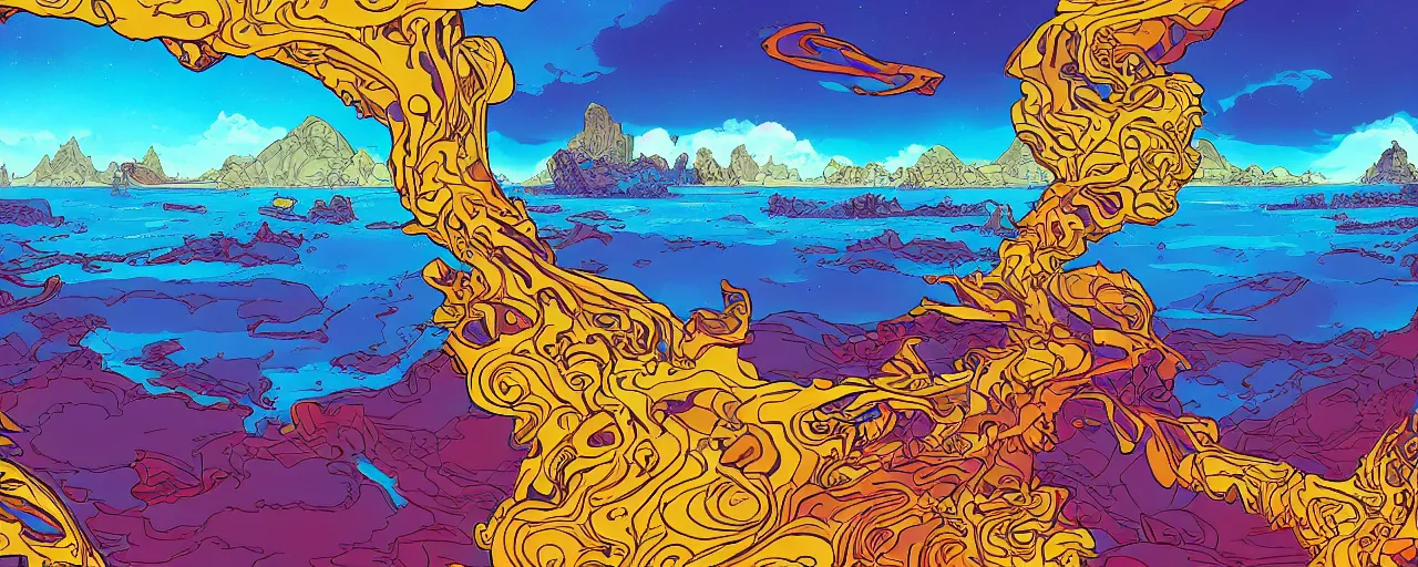 Image similar to panoramic view of an island on an alien planet, bold warm colours, intricate, elegant, highly detailed, smooth, sharp focus, graphic novel,