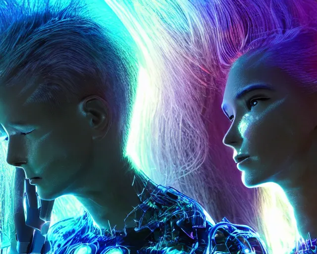 Image similar to glowing hair, complex cybernetic beings, beautiful hairy humanoids, cybermagnetosphere, cybernetic civilizations, ornate hair, love, joy, vortexes, large arrays, data holograms, 8 k, cinematic light shadows, wet hdr refractions, *, * * *, * * * * *