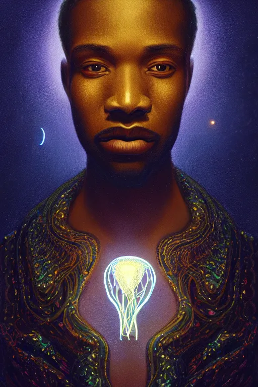 Image similar to Bioluminescent, portrait of a black guy , very intricate , trending on artstation , very elegant, in the golden hour by Daniel Merriam, Trending on Artstation, oil on Canvas by Elena Zhurikhina and Goro Fujita and Charlie Bowater, octane render, 4k, 8k, HD