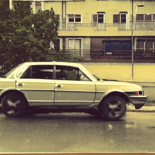 Image similar to low angle shot of russian car in soviet yard with block of flats, low grain film,polaroid, masterpiece, blur, mid day in style of william egglestone