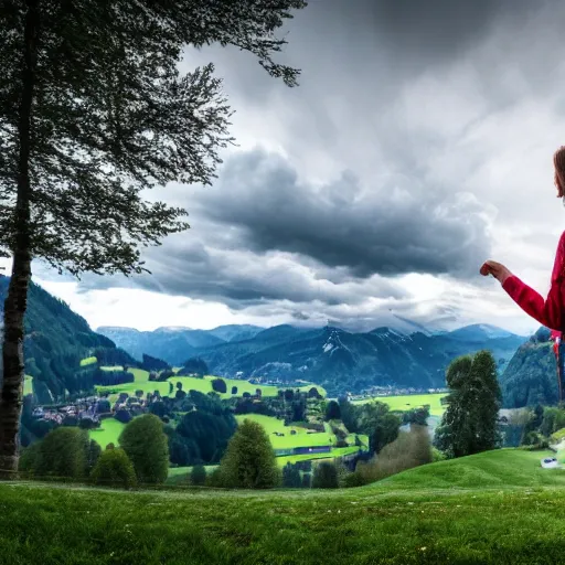 Image similar to a beautiful photograph of a girl with switzerland landscape in the background with trees, hdr, 8 k, high quality, sharp focus, artstation, highly detailed, award - winning, dramatic lighting, beautiful clouds, and nature