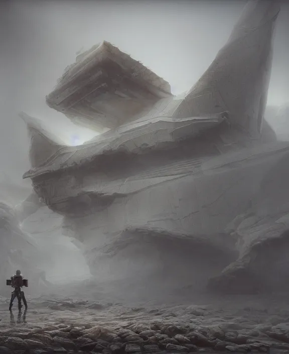 Image similar to surreal epic, masterpiece, romantic prometheus white exploration base, ancient ochre palette, impossible architecture by ruan jia, mecha floor, futuristic, blame, white architecture in the beach in iceland, foggy, highly detailed, digital painting, arstation, concept art, hyperealistic octane render, unreal engine