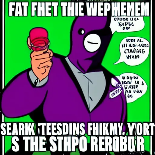 Prompt: fatman we respect you a lot SNAKEOIL CMO purple green color scheme