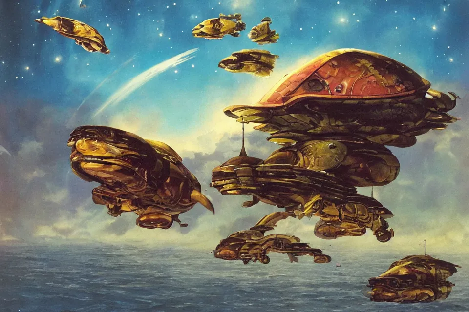 Image similar to an epic chris foss painting of a turtle spaceship and a carp spaceship.