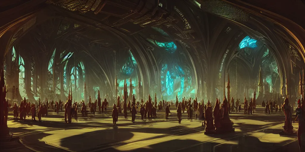 Prompt: cel shaded cinematic shot of the interior of a sci-fi space station with ornate Elven architecture bustling with people and flying cars, epic castle, gothic architecture, emerald, crystalline, detailed illustration, sharp focus, concept art, unreal engine, octane render, god rays