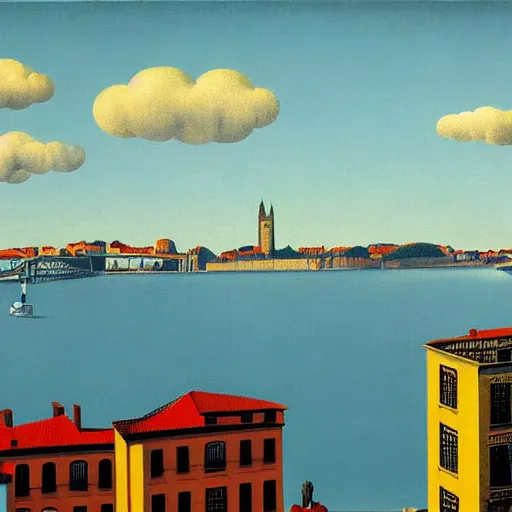 Prompt: Porto skyline, painting by rene magritte, high detail, high resolution