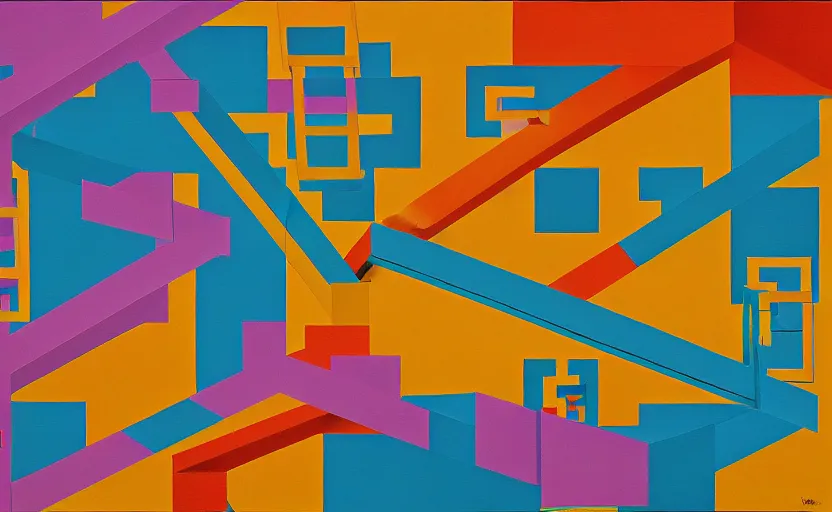 Prompt: chutes and ladders. detailed abstract painting by josef albers, by mc escher, by raqib shaw, japanese popsurrealism,