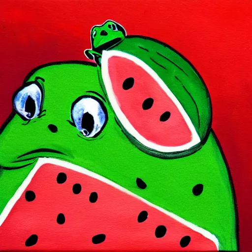 Image similar to dramatic portrait of a frog wearing a watermelon as a hat