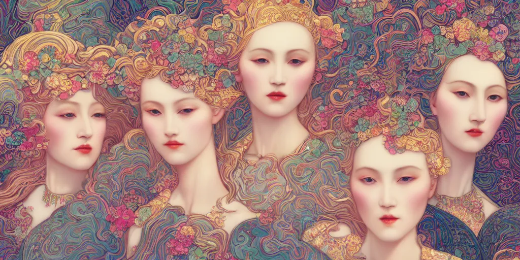 Prompt: breathtaking detailed concept art painting art deco pattern of blonde faces goddesses by hsiao - ron cheng, amalgamation flowers, bizarre compositions, kaleidoscope, exquisite detail, extremely moody lighting, 8 k