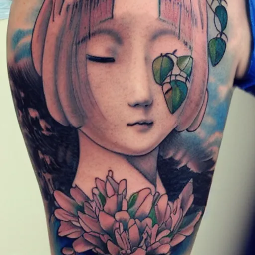 Prompt: beautiful thin wan korean angelic goddess in the style of fernand khnopff and hayao miyazaki, tattoo on arm, detailed beautiful tattoo