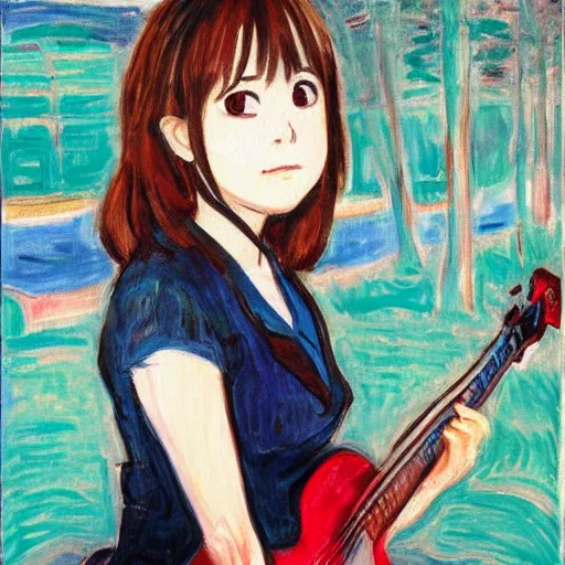 Prompt: an oil painting of k - on yui hirasawa with the style by edvard munch