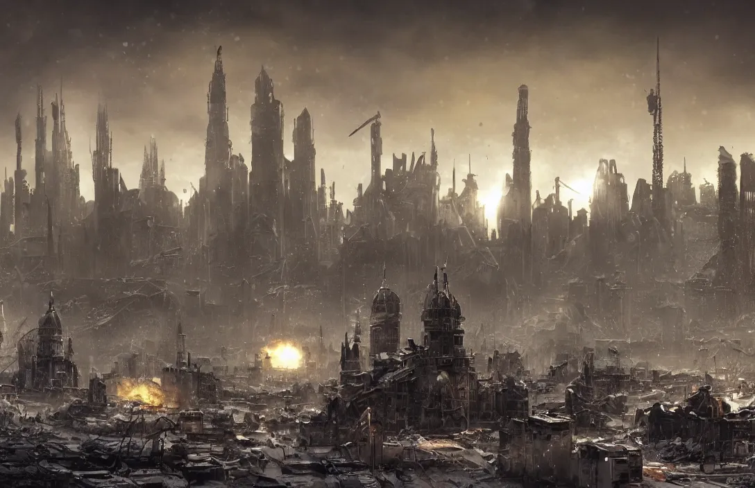 Prompt: Post-apocalyptic imperial russian city scene with a dark smog choked sky and a crowd of people freezing in the snow, black domes and spires, sci fi, giant futuristic sci-fi warships scorch the skies, [a baroque cyberpunk city skyline with black domes and radio spires in the background], [explosions and fire], hypermaximalistic, high details, cinematic, 8k resolution, beautiful detailed, insanely intricate details, artstation trending, octane render, unreal engine