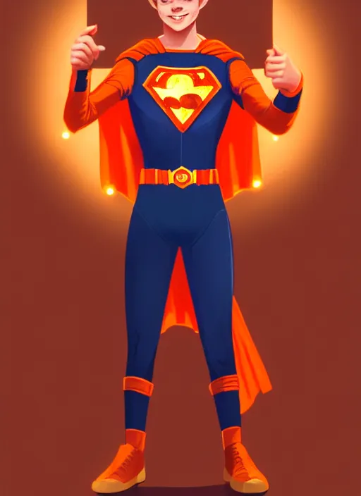 Image similar to kind teenage archie andrews wearing an orange superhero costume, superhero costume with heart emblem, cape, intricate, elegant, glowing lights, highly detailed, digital painting, artstation, sharp focus, illustration, art by wlop, mars ravelo and greg rutkowski