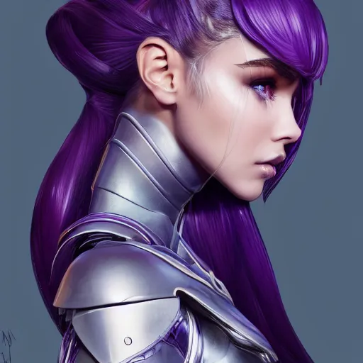 Image similar to close up portrait of a madison beer in smooth purple sci - fi armor, long black ponytail, elegant, intense, woman, an ultrafine hyperdetailed illustration by kim jung gi, irakli nadar, intricate linework, sharp focus, bright colors, octopath traveler, final fantasy, unreal engine 5, global illumination, radiant light