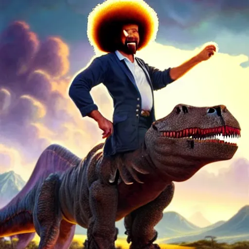 Prompt: bob ross!!! riding! a dinosaur!!, giant afro!, model pose, ultra realistic, concept art, intricate details, highly detailed, photorealistic, octane render, 8 k, unreal engine. art by artgerm and greg rutkowski and alphonse mucha