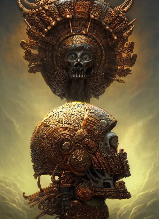 Prompt: Helmet of a forgotten Aztec Deity, bones, copper elements, extremly detailed digital painting, in the style of Tomasz Alen Kopera and Fenghua Zhong and Peter Mohrbacher, mystical colors, rim light, beautiful lighting, 8k, stunning scene, raytracing, octane, trending on artstation