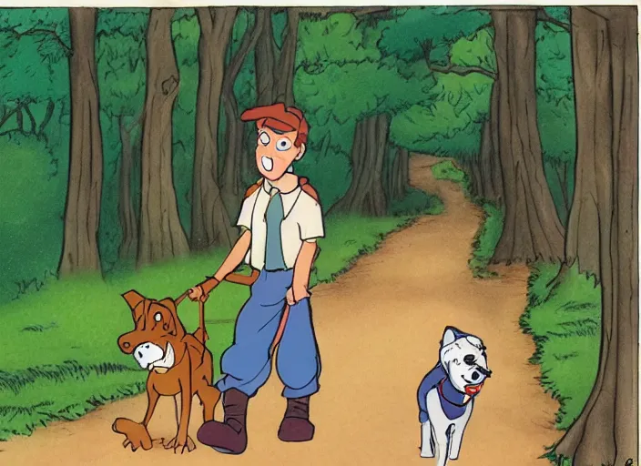 Prompt: A cartoon of a boy and his dog walking down a forest lane, style by don bluth