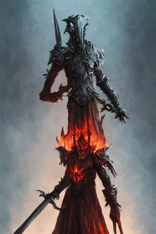 Image similar to undead flame knight with blade arms, digital art, trending on artstation, professional illustration by seb mckinnon, david romero, artgerm, ultra detailed, fantasy, unsettling, creepy, horror