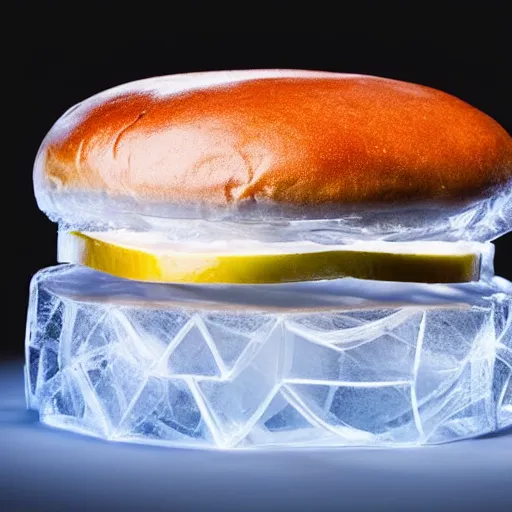 Image similar to a clear ice sculpture of a burger made entirely of ice, 4 k