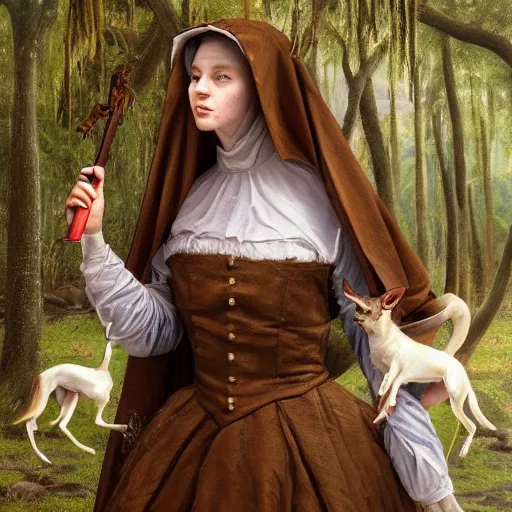 Image similar to A masterpiece portrait of a Incredibly beautiful maid barique renaissance swamp nun girl hunting on deer with russian greyhound medium shot, intricate, elegant, highly detailed. trending on artstation, digital art, by Stanley Artgerm Lau, WLOP, Rossdraws, James Jean, Andrei Riabovitchev, Marc Simonetti, Yoshitaka Amano. background by James Jean and Gustav Klimt, light by Julie Bell, 4k, porcelain skin.