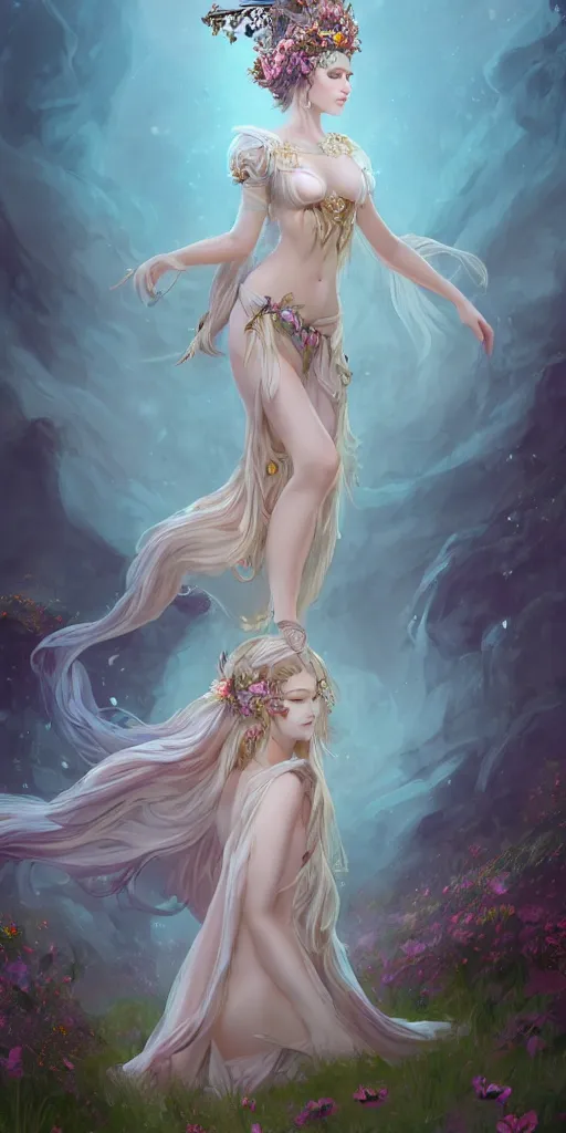 Prompt: A beautiful fantasy empress, full body, just one head, flower tiara, long hair, wearing dramatic aristocrat robe, delicate figure, field of fantasy flowers, foxes and deer, epic composition, ultra wide-shot, dynamic pose, concept art, dramatic lighting, digital painting, smooth, character design, sharp focus, elegant, intricate, trending on artstation, by WLOP and James Jean and Victo Ngai