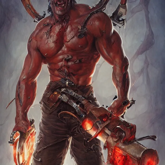 Prompt: Ash Williams from The evil dead, manowar album, Muscular man, chainsaw attached to hand, ripping demon torso, blood, artstation, concept art, smooth, sharp focus, highly detailed, illustration, art by artgerm and greg rutkowski and alphonse mucha