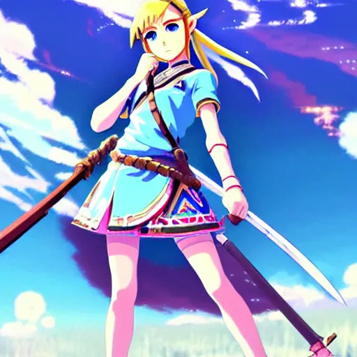 Image similar to a beautiful! young feminine link from botw, wearing japanese catholic school girl outfit with mayan pattern and native style, aztec street fashion, guilty gear art direction, perfect anime face, gapmoe yandere grimdark, trending on pixiv fanbox, painted by greg rutkowski makoto shinkai takashi takeuchi studio ghibli, akihiko yoshida