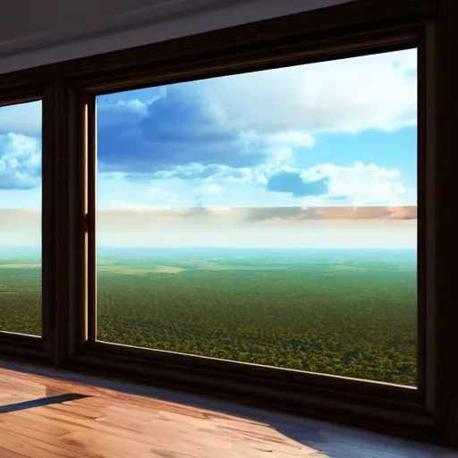 Image similar to The view from behind the window on the planet Earth, photorealistic, HD, 8K, cinematic, 3D render,