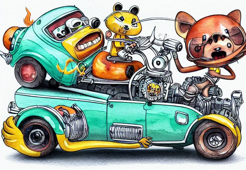 Image similar to cute and funny, racoon riding in a tiny hot rod coupe with oversized engine, ratfink style by ed roth, centered award winning watercolor pen illustration, isometric illustration by chihiro iwasaki, edited by range murata