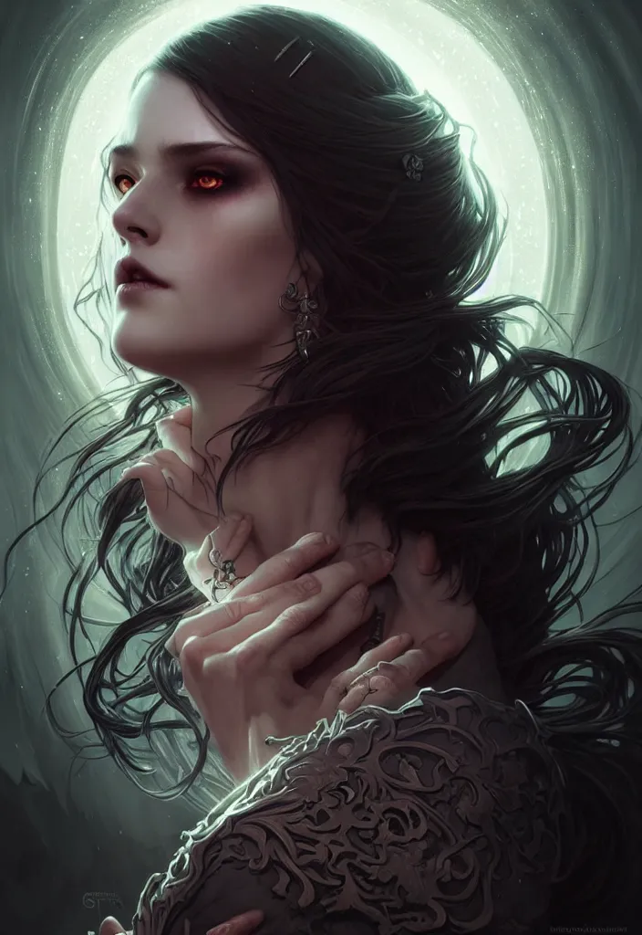 Image similar to Necromancer Sorceress face in center, fantasy magic, undercut hairstyle, dark light night, intricate, elegant, sharp focus, illustration, highly detailed, digital painting, concept art, matte, art by WLOP and Artgerm and Greg Rutkowski and Alphonse Mucha, masterpiece