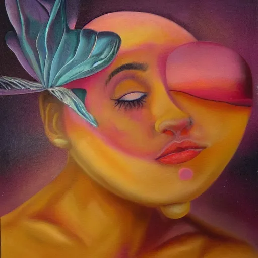 Image similar to pretty peach princess dream, oil and acrylic on canvas, surrealism, high detail