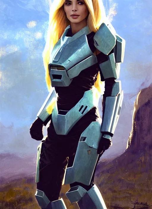 Image similar to portrait of a combination of Ashley Greene, Victoria Justice, Adriana Dxim, Grace Kelly and Lily Collins with blonde hair wearing Forerunner Armor from Halo, countryside, calm, fantasy character portrait, dynamic pose, above view, sunny day, thunder clouds in the sky, artwork by Jeremy Lipkin and Giuseppe Dangelico Pino and Michael Garmash and Rob Rey and Greg Manchess and Huang Guangjian, very coherent asymmetrical artwork, sharp edges, perfect face, simple form, 100mm