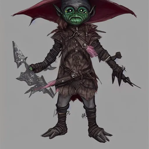 Prompt: cute tiny goblin girl wearing hunter armor from Bloodborne and a wizard hat, geeen skin, d&d, art by Shadbase