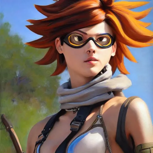 Image similar to oil painting of tracer overwatch in a field wearing large leather belt choker collar around neck, in style of mark arian, expressive face, detailed face, detailed eyes, full body, feminine face, tracer overwatch,