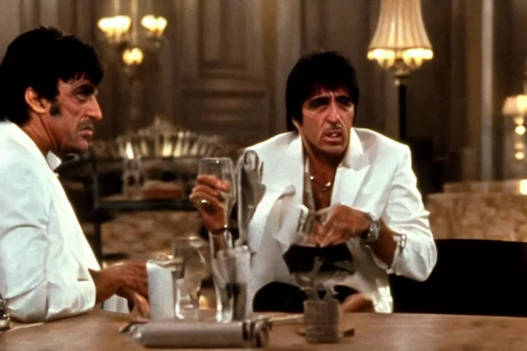 Image similar to tony montana from movie scarface 1 9 8 3 sitting behind a big black oak table with big large packages of flour. al pacino. perfect symmetric face, coherent eyes, close up, fine details, 4 k, ron cobb. last scene from scarface movie, bokeh