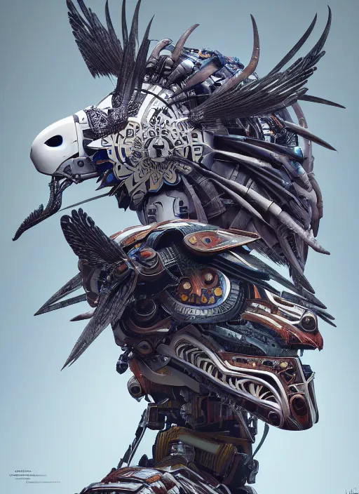 Image similar to symmetry!! portrait of a hybrid robot eagle, floral! horizon zero dawn machine, intricate, elegant, scary, fierce, highly detailed, ray tracing, digital painting, artstation, concept art, smooth, sharp focus, illustration, art by artgerm and greg rutkowski and alphonse mucha, 8 k