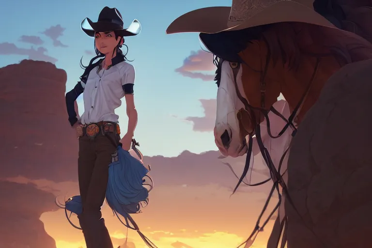 Image similar to western cowgirl in the badlands, single subject, scenic full shot, ambient lighting, detailed face, by makoto shinkai, stanley artgerm lau, wlop, rossdraws