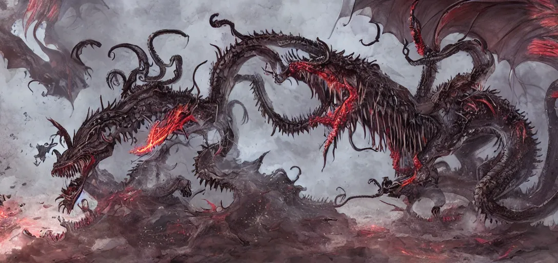 Image similar to concept art of dragon attack, lovecraftian, lots of teeth, melting horror, feathers, fighting the horrors of the unknown with laser guns