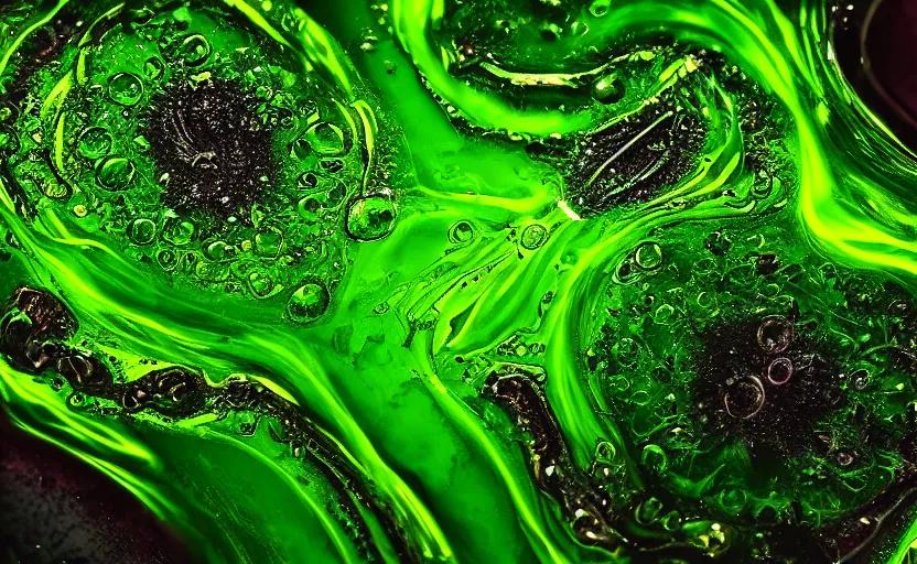 Prompt: warlock sumerge, beautiful green liquid, green oozing pool pit, cinematic lighting, various refining methods, micro macro autofocus, ultra definition, award winning photo