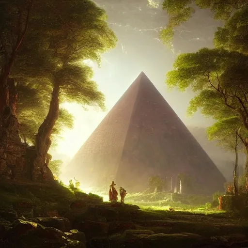 Image similar to ancient pyramid, overgrown undergrowth vegitation, dark volumentric ambient lighting, painting by thomas cole and greg rutkowski