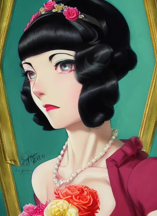 Prompt: a beautiful girl with black hair in 1930's fashion, ballroom background, intricate, highly detailed, digital painting, artstation, official media, anime key visual, concept art, rich vivid colors, ambient lighting, sharp focus, illustration, art by Artgerm, Makoto Shinkai, Ilya Kuvshinov, Lois Van Baarle, and Rossdraws