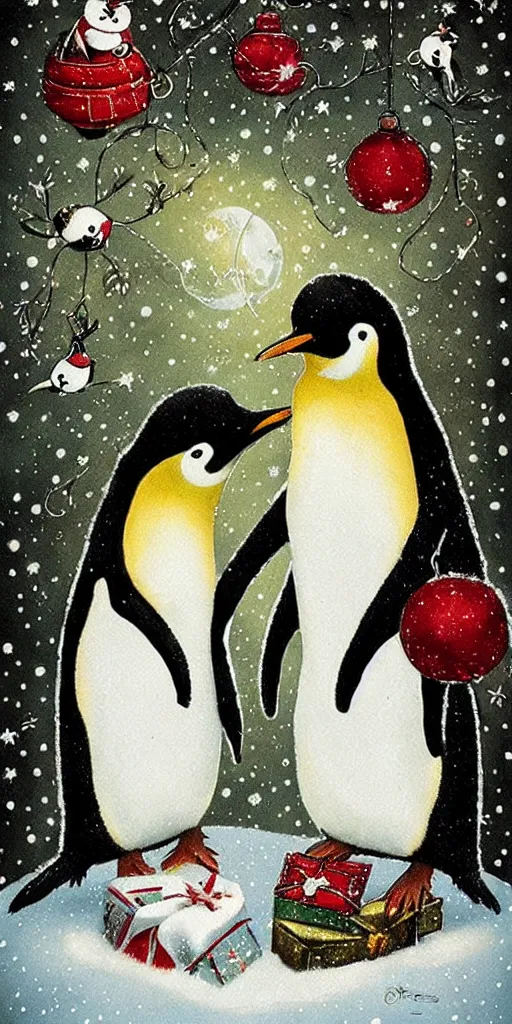 Prompt: a christmas card penguins scene by alexander jansson